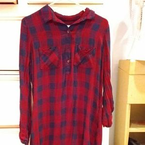 Plaid double pocket flannel shirt dress